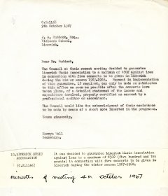 Letter from Mervyn Wall, Secretary of the Arts Council to John Ruddock, Secretary of Limerick Music Association.